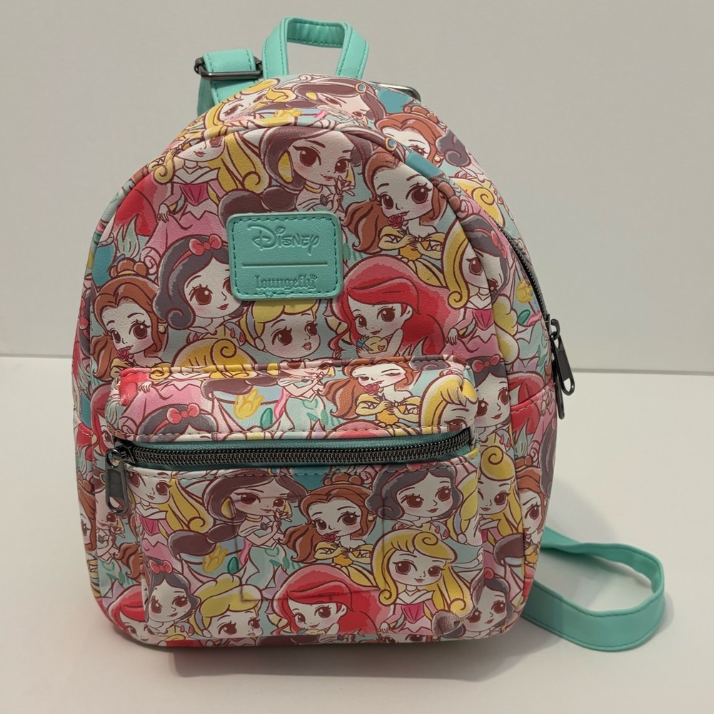 Disney Girls Mini Backpack with Pastel Princess Print and Aqua Trim
